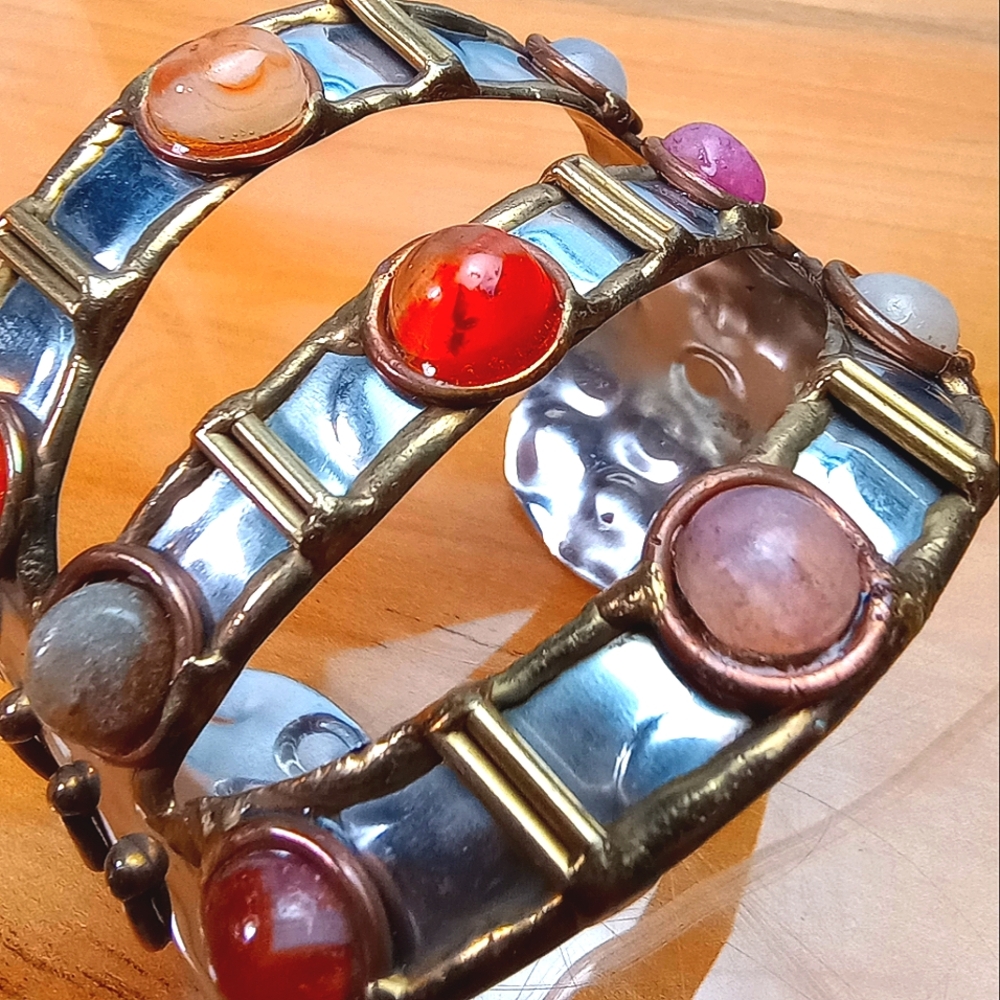 Anju Cuff Bracelet Silver Tone Hammered, Stone Cabochons & Brass Size 7.5+